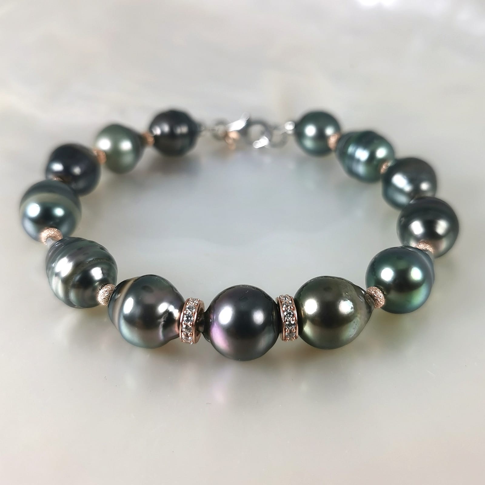 Bracelet perles de Tahiti Rainbow Ag925 C.Z. bracelet perles noires baroques de tahiti